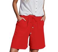 Short d'été décontracté en lin pour femme avec poches courtes et taille élastique avec cordon de serrage - Short mi-long léger et confortable, rouge pastèque, S