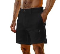Short d'été en coton et lin pour homme - Braguette à boutons - Coupe ample - Avec fausse poche cargo - Léger - Short athlétique décontracté - Short de sport - Pyjama, Noir , XXL