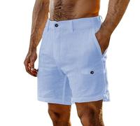 Short d'été en coton et lin pour homme - Braguette à boutons - Coupe ample - Avec fausse poche cargo - Léger - Short athlétique décontracté - Short de sport - Pyjama, bleu clair, L