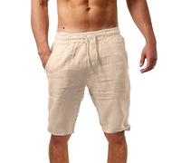 Short d'été en lin léger et aéré pour homme - Couleur unie - Coupe ample - Short de loisirs - Short de sport avec poches - Pour homme et garçon, beige, XL