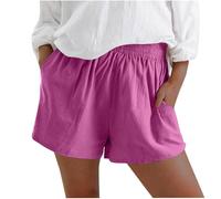 Short d'été en mousseline et lin pour femme - Short de plage baggy avec poches - Taille élastique - Coupe droite - Bermuda court décontracté - Avec cordon de serrage - Pantalon en lin, E5# - Rouge