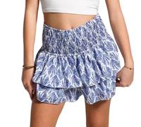 Short d'été pour femmes 2024, mini jupes plissées à volants à taille haute élastique à imprimé floral, coupe trapèze, jupe courte de plage décontractée (feuilles bleu clair, taille M)