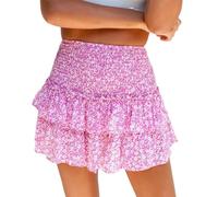 Short d'été pour femmes 2024, mini jupes plissées à volants à taille haute élastique à imprimé floral, coupe trapèze, jupe courte de plage décontractée (Rose, XS)
