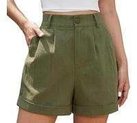 Short d'été taille haute en lin pour femme avec fermeture éclair et ourlet enveloppant et poches, Vert, M