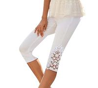 Short d'extérieur pour femme - Legging capri décontracté - Coupe ajustée - Avec découpe et ourlet en dentelle florale 3D - Pantalon d'entraînement 3/4 - Pour l'été et la plage, blanc, L