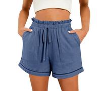 Short élastique taille haute pour femme - Bermuda droit à jambe large - Short de plage décontracté, randonnée, voyage, sport, mignon, confortable, tendance, travail et été pour femme avec 2 poches