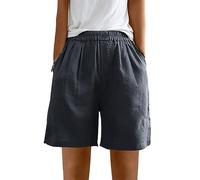 Short en Coton Et Lin Bermudas pour Femme Confortable Chic Boutons Shorts Taille élastique Mode Pantalon Court Couleur Unie Oversize Casual Home Shorts Pantalon Droit Pantalon Large Jambe