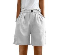 Short en Coton Et Lin Bermudas pour Femme Confortable Chic Boutons Shorts Taille élastique Mode Pantalon Court Couleur Unie Oversize Casual Home Shorts Pantalon Droit Pantalon Large Jambe