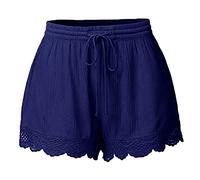 Short en coton pour femme, longueur genou, short en lin pour femme, pantalon de détente à taille élastique avec poches, pantalon court en dentelle à volants et cordon de serrage, couleur unie