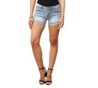 Short en denim clair et délavé.Doté de nœuds et strass sur les poches.Possède 5 poches et passants pour ceinture.Fermeture par un XS