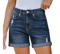 Short en denim stretch pour femme - Jean d'été déchiré - Taille haute - Coupe normale - Bermuda en jean élégant et décontracté - Short d'été avec poches et boutons, bleu, L