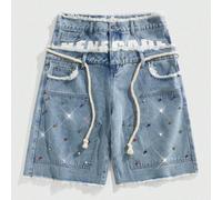 Short en jean ample à double couche pour hommes avec taille ornée de diamants 28,30,32,36,34Blocs de couleur,LettresJean