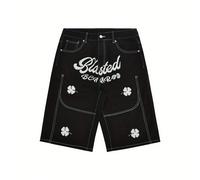 Short en jean ample et à jambe droite avec broderie de trèfle à quatre feuilles, shorts casual et streetwear L,M,S,XL,XSGéométrique,Lettres,Plantes,SloganJean