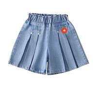 Short en jean ample pour filles - Jambes larges - Short d'été vieilli - Taille élastique - Bermuda décontracté vintage, Rouge, 6-7 ans