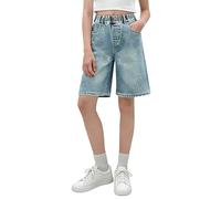 Short en jean ample pour filles - Pantalon droit à taille élastique - Longueur genou - Bermuda d'été avec poches - Tendance - Délavé Y2K, bleu, 11-12 ans