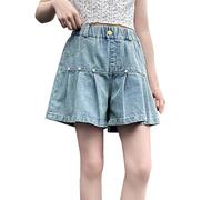Short en jean ample pour filles - Taille haute - Coupe évasée - Ourlet ample avec perles - Pour enfants - Joli pantalon de survêtement léger, bleu clair, 14-15 ans