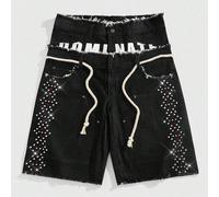 Short en jean ample pour hommes avec ceinture scintillante en diamant 28,30,32,36,34Blocs de couleur,LettresJean