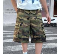 Short en jean ample vert foncé pour garçons préadolescents, style streetwear mode retour au pays, décontracté, vintage Y2K, design polyvalent mix and match, motif camouflage, confortable, avec poches,