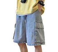 Short en jean baggy pour homme - Short en jean avec coupe ample et taille élastique - Couture intérieure de 17,8 cm, jambe large, short de rue doux et vieilli, Z05-bleu clair, M
