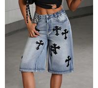 Short en jean bermuda pour filles préados, casual, quotidien, urbain, style preppy, lavage clair, imprimé gothique foncé en croix. Taille élastique et fermeture à bouton, polyvalent pour l'été 14Y,13Y