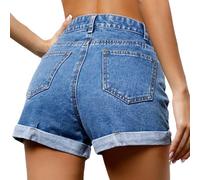 Short en jean bleu pour femme - Taille haute - Jambe large - Confortable - Avec poches à boutons - Coupe trapèze ample - Style décontracté - Classique et polyvalent - Grande taille, bleu, M