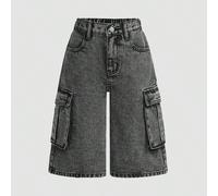 Short en jean cargo noir ample et confortable pour fille pré-ado, style décontracté Y2K vintage cool, mode streetwear pour le quotidien, du printemps à l'été, rave, festival et rue, nouvelle collectio