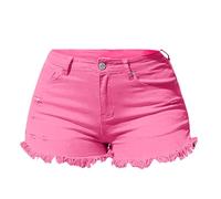 Short en jean court pour femme - Short d'été en jean avec franges - Short en denim - Taille moyenne - Coupe normale - Pantalon de loisirs court avec poches - Couleur unie - Décontracté - Short