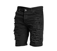 Short en jean déchiré pour homme - Demi-pantalon skinny extensible avec poche - Denim brut - Coupe à trou - Demi-pantalon cool et élégant - Jean slim uni léger pour la marche, le quotidien, Noir , L