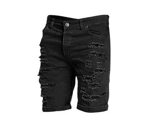 Short en jean déchiré pour homme - Jean skinny stretch avec poches, denim brut avec découpes, short d'entraînement décontracté, coupe slim, jean uni léger pour l'été, idéal pour la marche et le