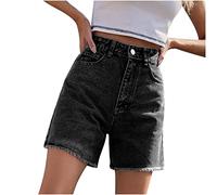 Short en jean déchiré taille haute pour femme, ourlet effiloché, mi-cuisse, short décontracté avec poches, #01 Noir, Taille S