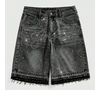 Short en jean décontracté et ample pour hommes, avec imprimé de lettre en strass et ourlet effiloché, style mode de rue, pour l'été 28,30,32,36,34UnicoloreJean
