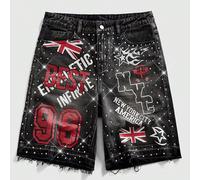 Short en jean décontracté et polyvalent pour homme avec bouton de poche, graphique de lettre et de chiffre, ourlet effiloché. Idéal pour le port quotidien. L,M,S,XLGéométrique,LettresJean