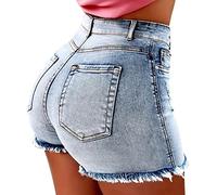 Short en jean décontracté pour femme - Avec ourlet brut - Taille haute - Rehausseur de fesses - Stretch - Style bodycon - Pour l'été - Vacances à la plage - Avec poches, bleu clair, XL