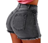 Short en jean décontracté pour femme - Avec ourlet brut - Taille haute - Rehausseur de fesses - Stretch - Style bodycon - Pour l'été - Vacances à la plage - Avec poches, gris, M