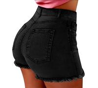 Short en jean décontracté pour femme - Avec ourlet brut - Taille haute - Rehausseur de fesses - Stretch - Style bodycon - Pour l'été - Vacances à la plage - Avec poches, Noir , 5XL