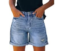 Short en jean décontracté pour femme, taille haute, en jean déchiré, léger, extensible, style d'été avec poches, braguette zippée, bleu clair, XL
