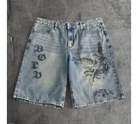 Short en jean décontracté pour hommes avec poche, bouton et graphique lettrage. Polyvalent pour le port quotidien L,M,S,XLPortrait,graphique,LettresJean