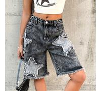 Short en jean délavé à motif d'étoiles, style grunge punk cool rétro Y2K. Ourlet , convient pour le printemps, l'été, les vacances bohèmes, les concerts et les festivals 14Y,13Y,16Y,15YGéométrique,Uni