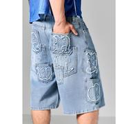 Short en jean délavé avec grands patchs de lettres gothiques et poches cargo. Style streetwear, coupe ample, décontracté pour l'été L,M,S,XL,XSLettresJean