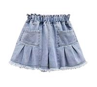 Short en Jean Fille Taille Elastique 4-15 Ans Pantalon Court en Jean Ado Ete Fluide Large Short été Fille Ample Chic Casual Sport Plage Vacances Confortable Shorts et Bermudas en Denim