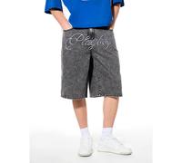 Short en jean lavé à l'enzyme avec logo brodé en script à l'avant, longueur mi-cuisse, style décontracté d'été streetwear L,M,S,XL,XSgraphique,LettresJean