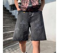 Short en jean noir ample pour garçon préadolescent, style streetwear mode retour à la maison, design polyvalent mix and match Y2K vintage cool avec motif croix en strass étincelants, doux pour le port