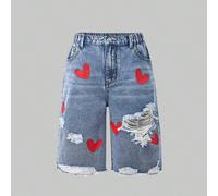 Short en jean pour adolescentes, best-seller de l'été, couleur bleu moyen, style collégial Y2K, mode de rue décontractée, polyvalent, jambe droite ample, denim coton confortable, imprimé nœud papillon