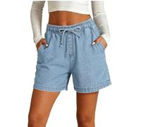 Short en jean pour femme - Short d'été pour femme - Short en denim - Cordon de serrage - Taille élastique - Avec poches avec cordon de serrage - Coupe droite - Denim - Mode loisirs - Jeans d'été pour