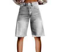 Short en jean pour femme - Taille haute - Décontracté - Avec poches - Longueur genou - Léger et respirant - Bermuda court ample à jambe large - Pantalon mi-long pour la marche, les vacances, les