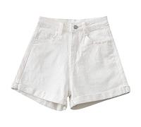 Short en jean pour femme - Taille haute extensible - Décontracté - Ourlet roulé - Ample - Confortable - Jambe large - Pantalon court baggy décontracté - Pour sortir au quotidien - Coupe décontractée