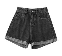 Short en jean pour femme - Taille haute extensible - Décontracté - Ourlet roulé - Ample - Confortable - Jambe large - Pantalon court baggy décontracté - Pour sortir au quotidien - Coupe décontractée