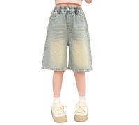 Short en jean pour filles - Bermuda cargo baggy - Jeans basiques pour enfants - Vintage - Droit - Taille haute - Damin - Pantalon court d'été Y2K - Longueur genou - Short long mignon et tendance, bleu