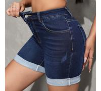 Short en jean taille haute décontracté d'été pour femmes, bleu foncé, très extensible, avec ourlet retroussé et poches, pour la plage et les vacances, couleur unie, pour femmes grandes Tall XS,Tall S,