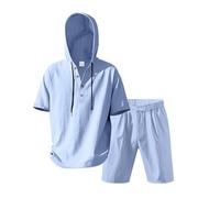 Short en lin 2026 pour femmes, Europe et États-Unis, pour hommes, couleur unie, à capuche, décontracté, à manches courtes, short de plage, costume deux pièces d'été, bleu clair, L